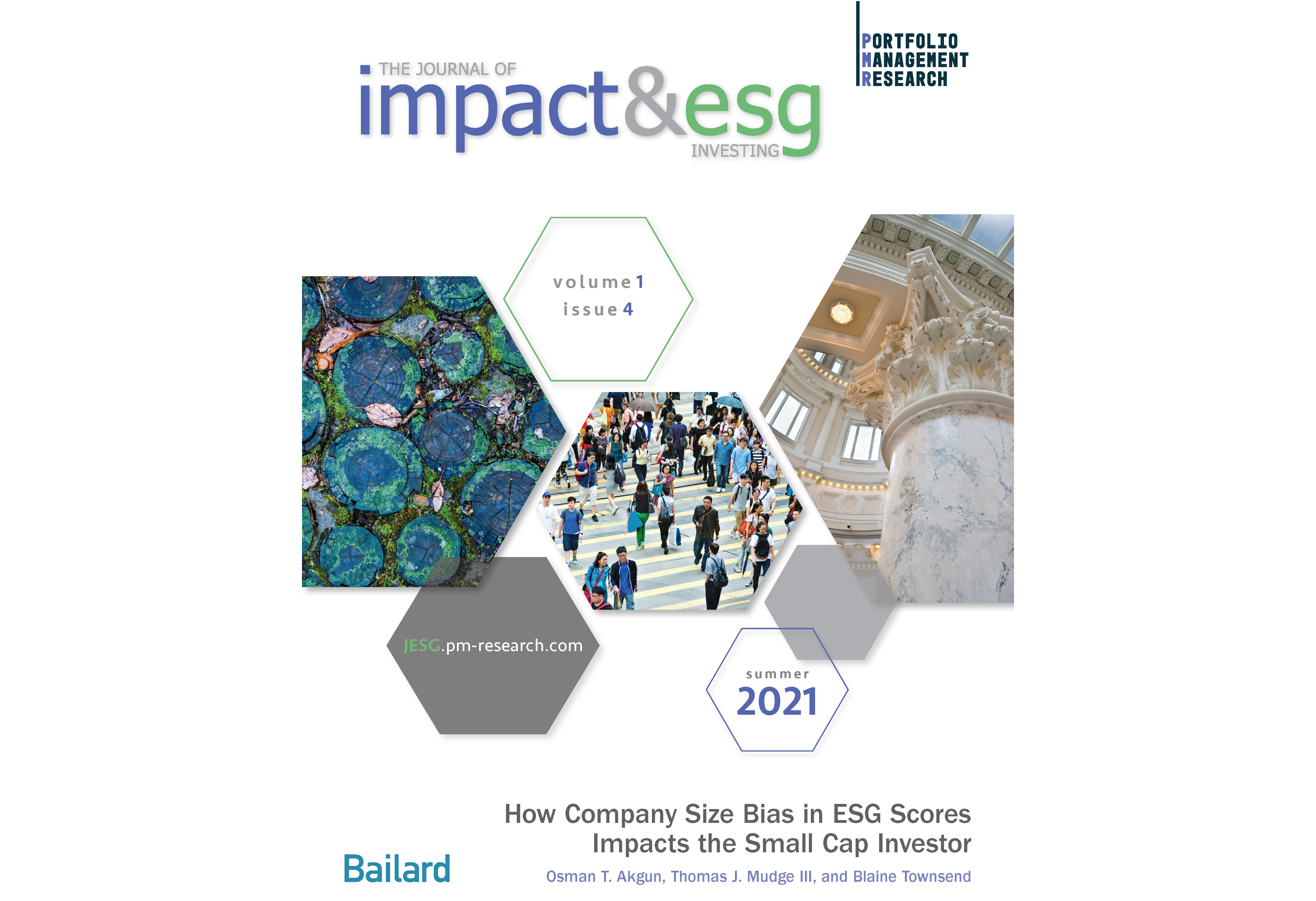 Journal of impact and esg investing cover summer 2021 hexagon shapes with images of people and columns and issue dates