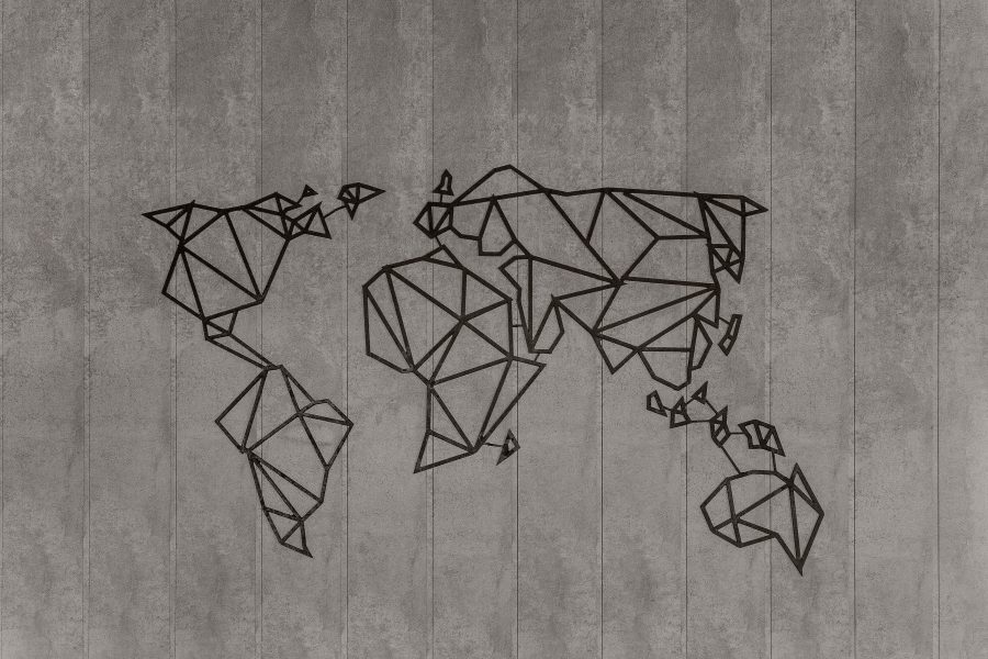 A geometric, abstract line drawing representing the world.