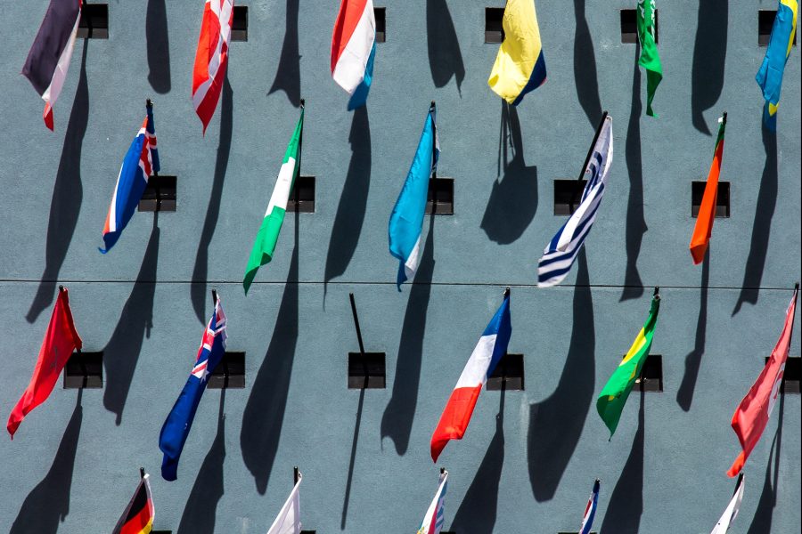 A field of flags from many different countries, casting shadows.
