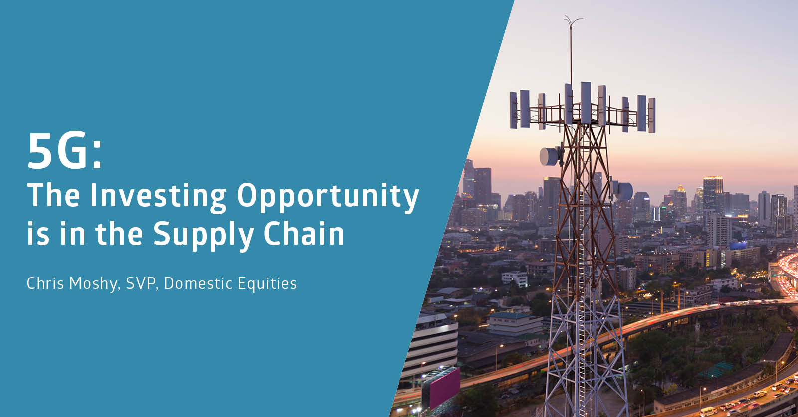 Graphic Text: 5G: The Investing Opportunity is in the Supply Chain. Chris Moshy, SVP, Domestic Equities.