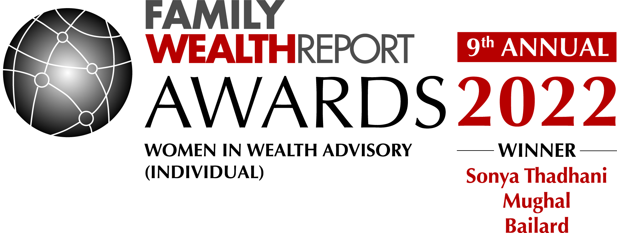 Graphic text: Family Wealth Report Awards, 2022, Winner Sonya Thadhani Mughal.