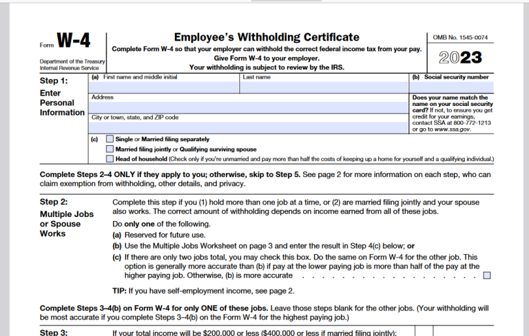 Top of a W-4 2023 Form