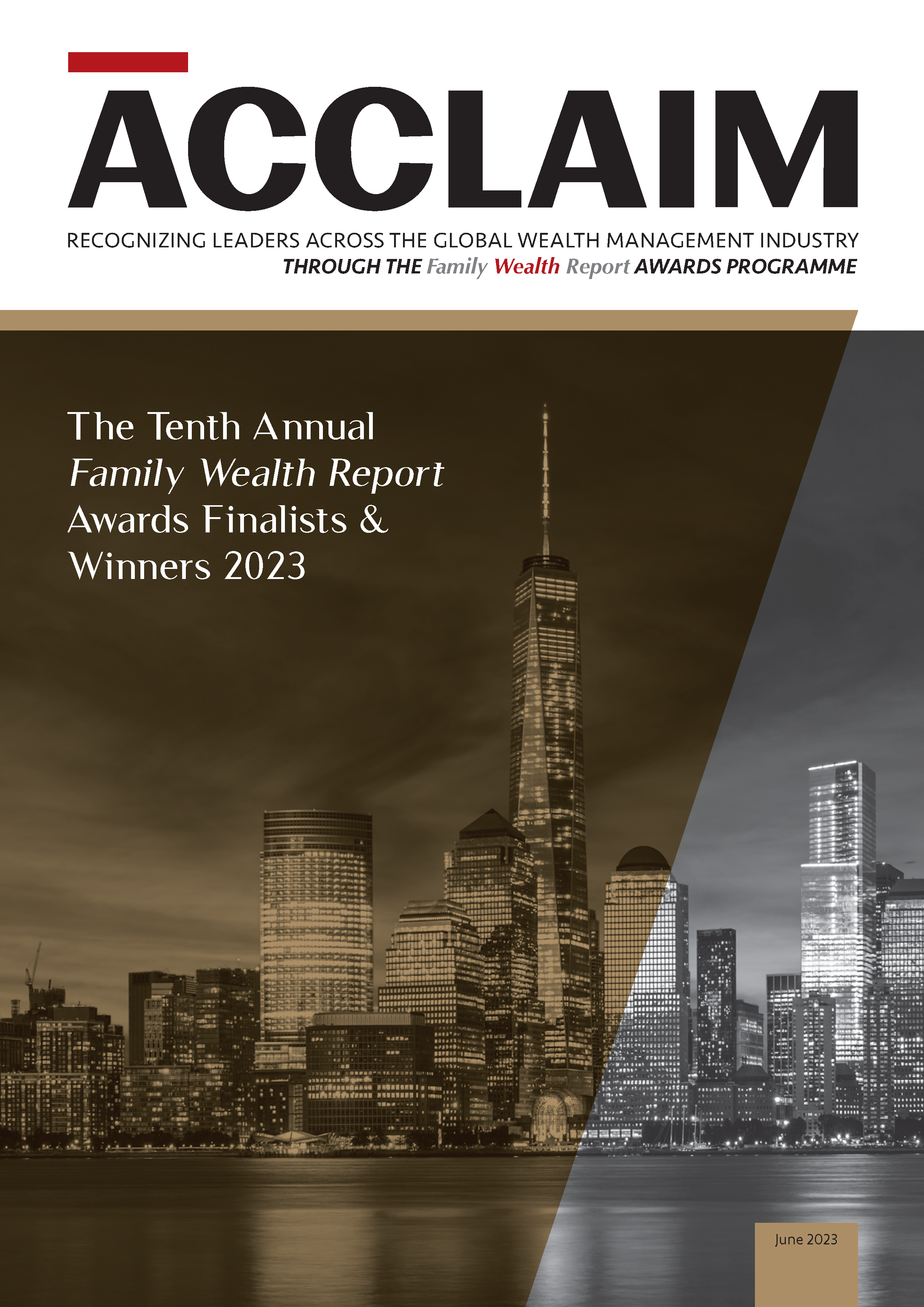 Family Wealth Report ACCLAIM Issue of Finalists & Winners with Skyscrapers and water