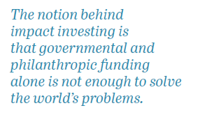 Pull Quote: The notion behind impact investing is that governmental and philanthropic funding alone is not enough to solve the world's problems.