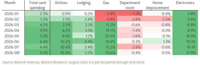 Where credit card spending is growing, year-over-year change, select categories